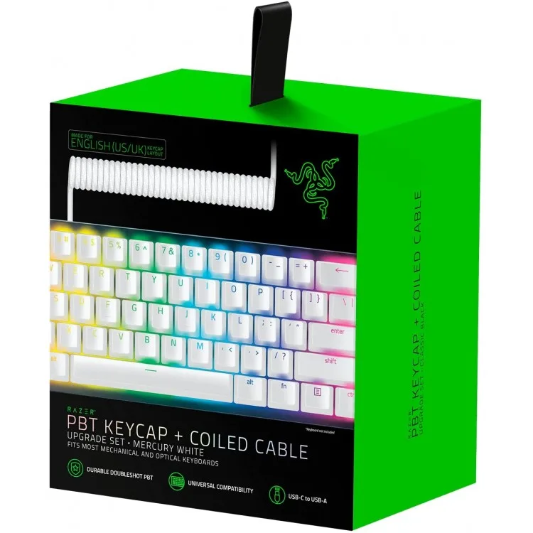 خرید ست دکمه های کیبورد Razer - جنس PBT + کابل USB-C پیچ خورده - سفید جیوه ای